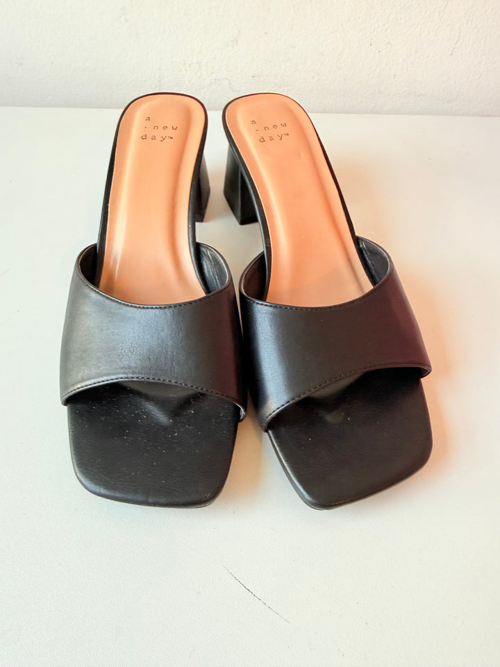 A New Day Black Slip On Block Heeled Sandals Size 9