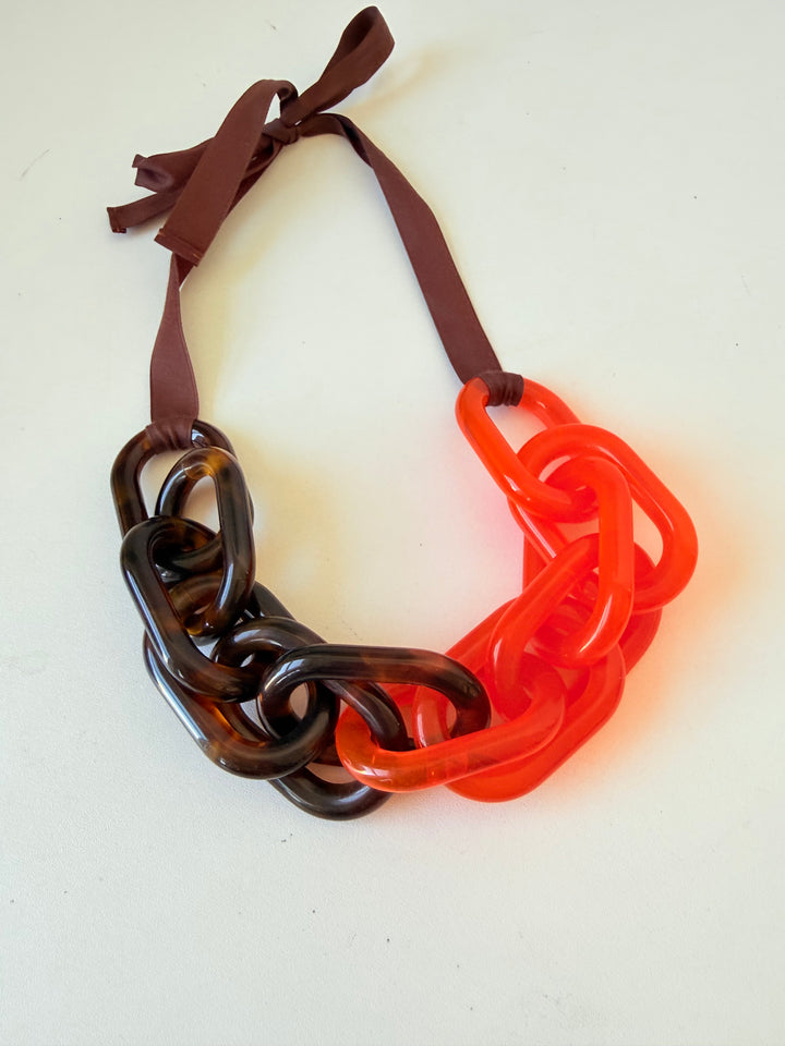 COS Orange & Brown Tortoise Chainlink Lucite Ribbon Necklace