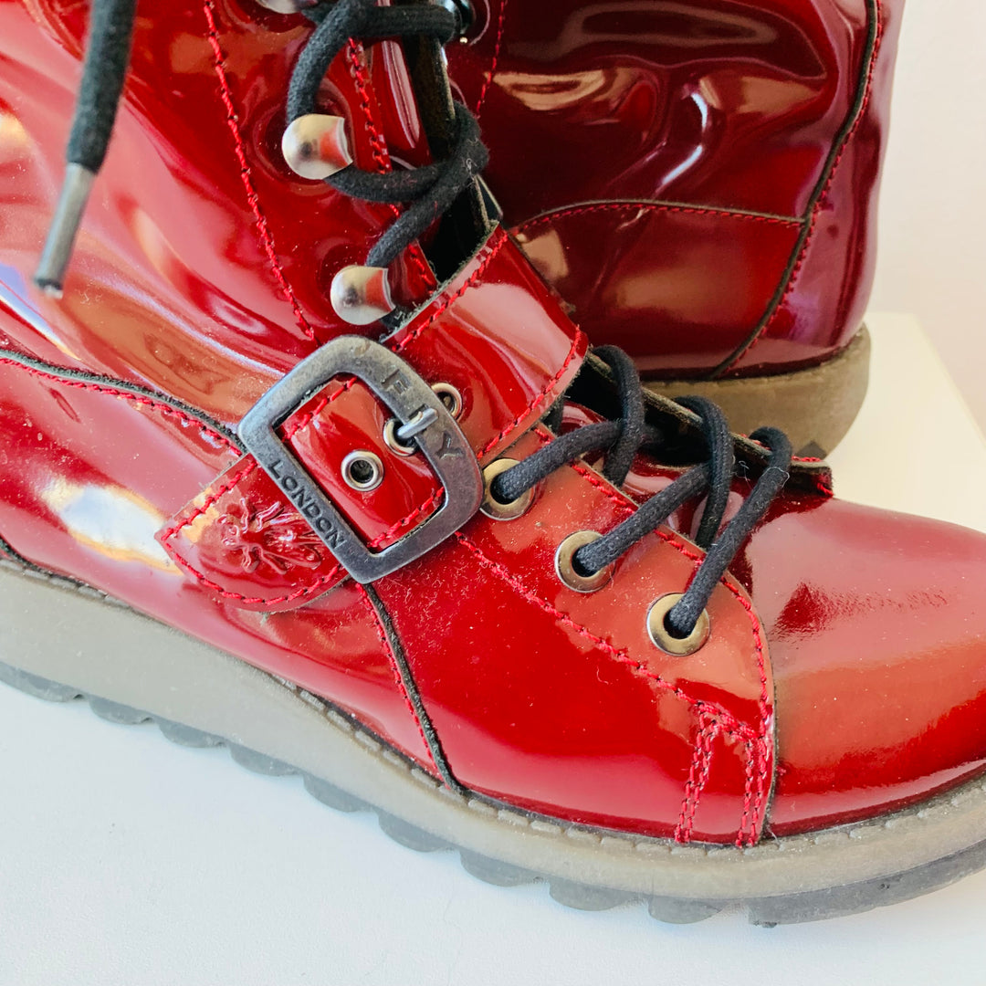 Fly London Red Patent Leather Lace Up Boots Size 40