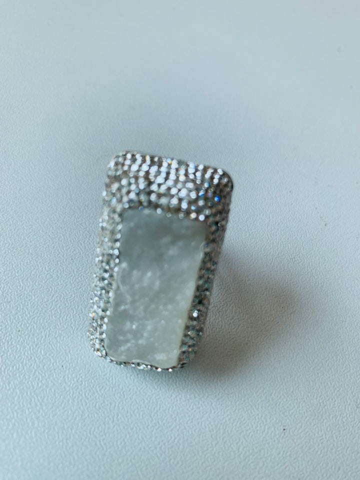 Sterling Silver White Druzy and Rhinestone Ring Size 6