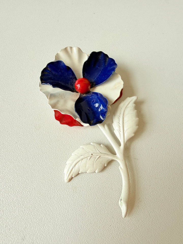 Vintage Red White & Blue Floral Brooch