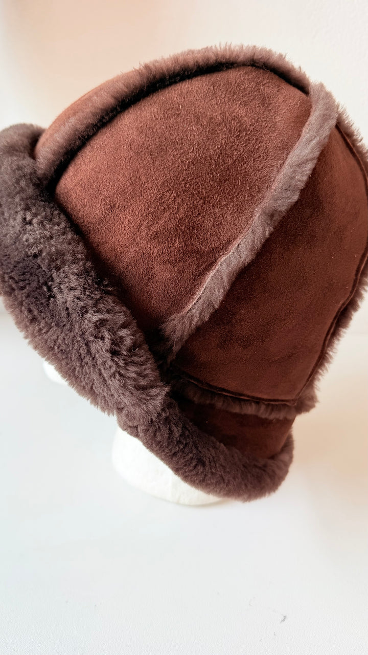 UGG Bucket Brown Shearling Sheepskin Upflap Hat One Size