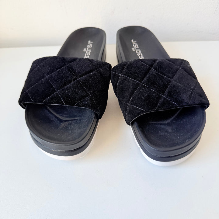 J/Slides NYC Rio Black Quilted Suede Slip On Platfork Sandals Size 6.5 New