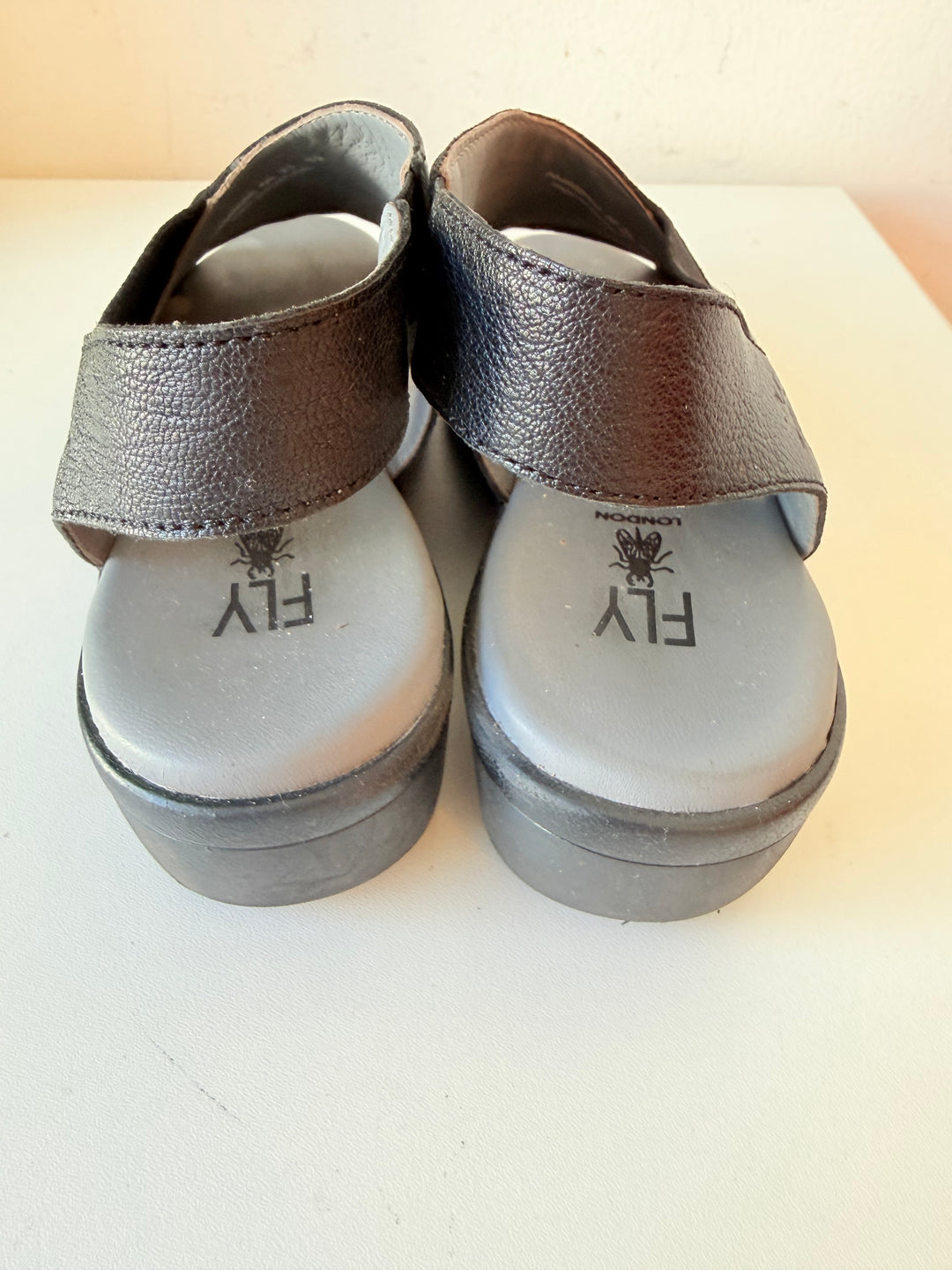 Fly London Nily Wedge Black Leather Sandals Size 39