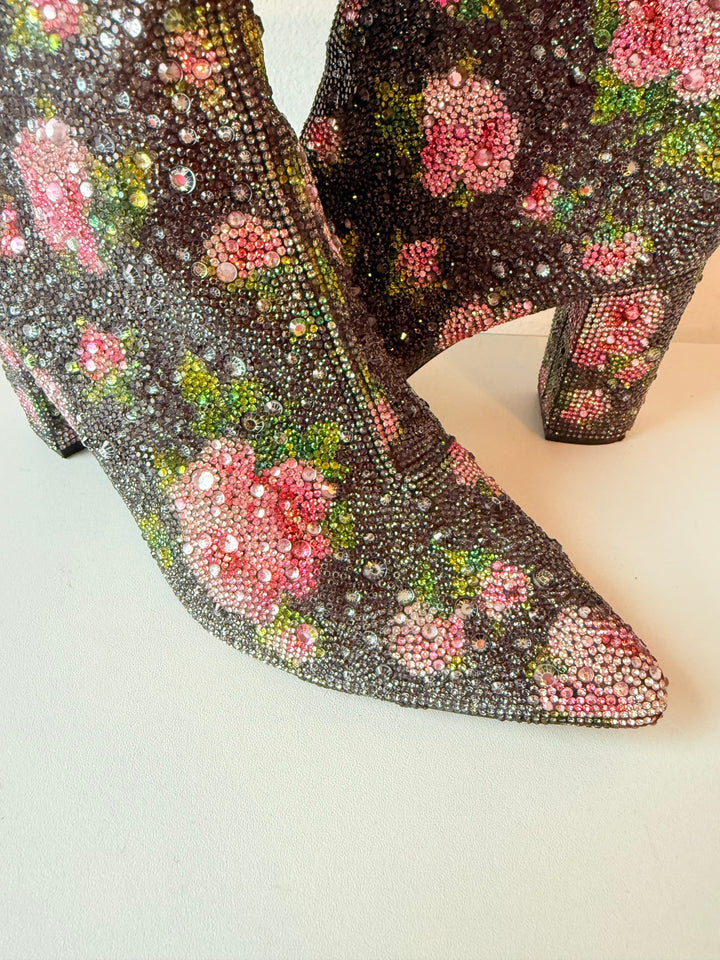 Betsey Johnson Cady Rhinestone Floral Ankle Boots Size 8.5