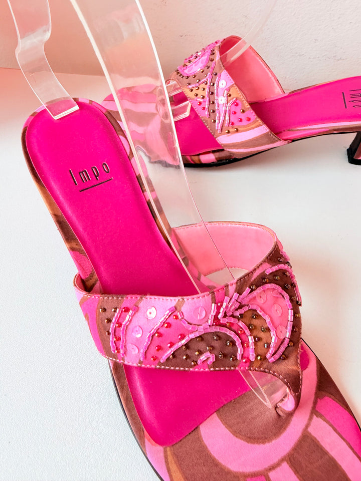 Vintage Impo Pink & Brown Sequin Thong Heeled Sandals Size 8.5