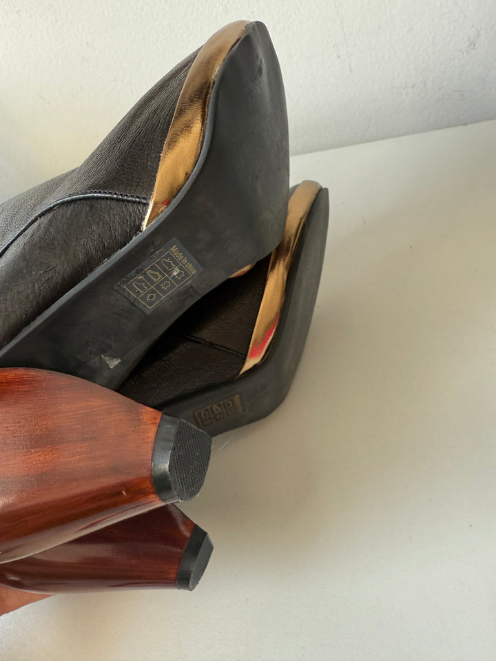 Faryl Robin Black Leather Ankle Boots With Wood Heels Size 9