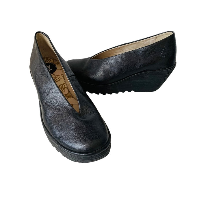 Fly London Womens Yoza Black Leather Wedge Heels Size 39