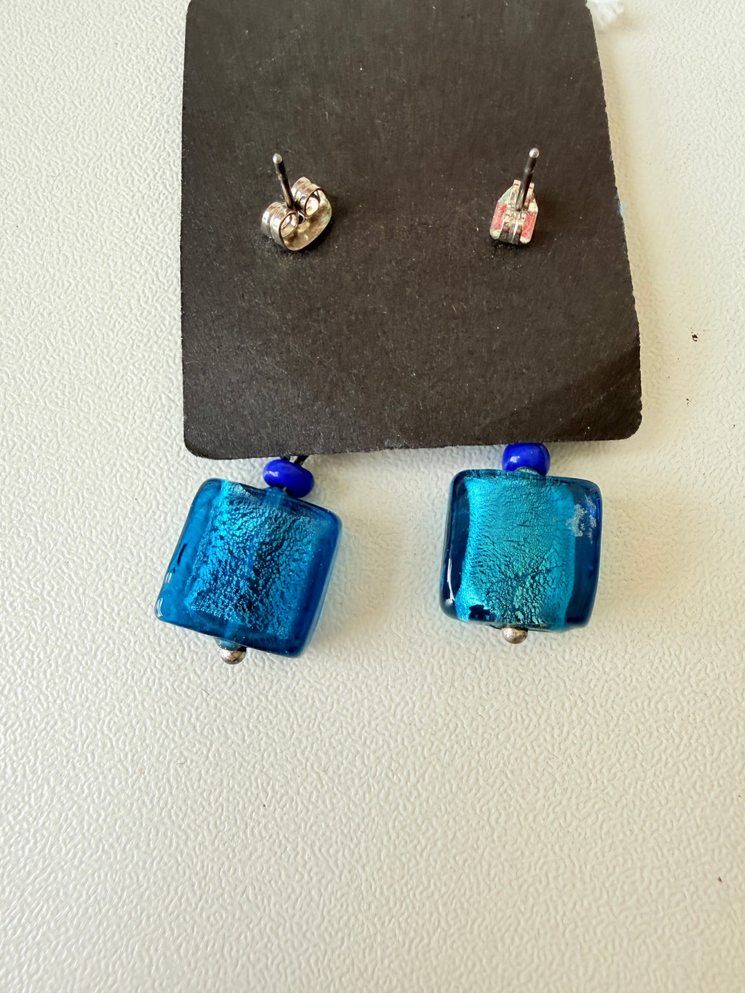 Hammered Silver Tone Blue Stone Pierced Earrings