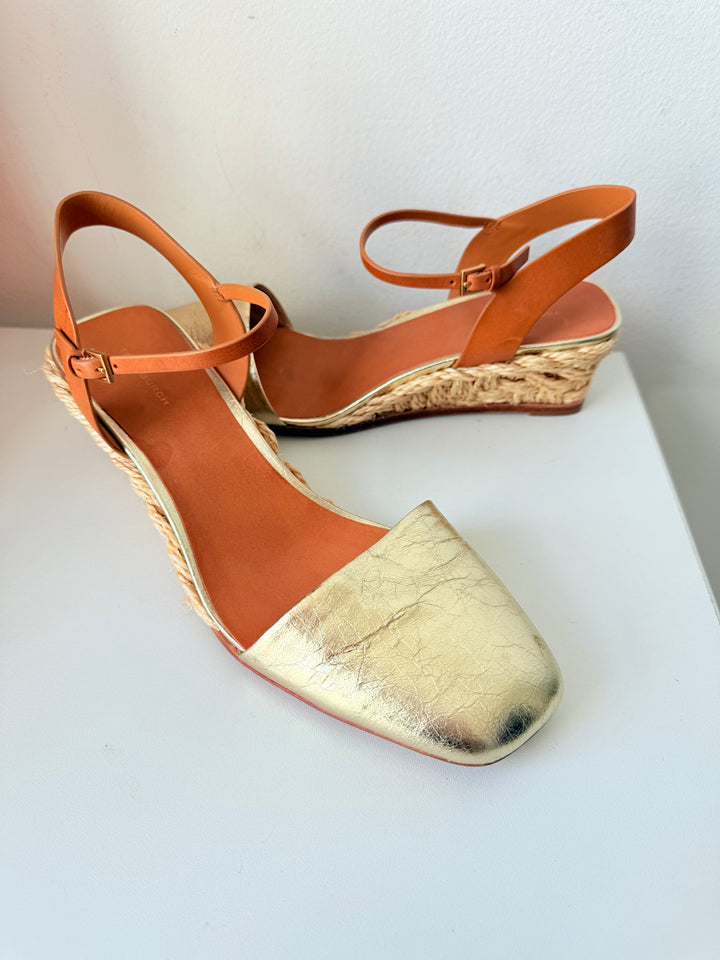 Tory Burch Gold Leather Metallic Basketweave Closed Toe Espadrille Size 10