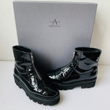 Aquatalia Angelina Black Patent Motorcycle Boots Size 7