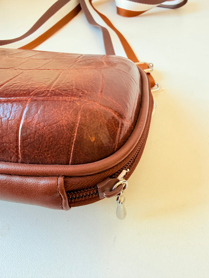 Brown Faux Croc Hard Case Leather Zip Crossbody
