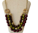 Three Layer Cranberry/Green Beaded Statement Necklace