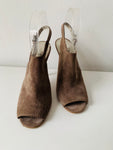 Coach Lanora Smoke Grey Suede Peep Toe Stiletto Heeled Sandal Size 7.5