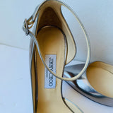 Jimmy Choo Lucy 100 Women’s Silver Metallic Leather D’Orsay Pointy Toe Ankle Strap Pumps Size 40