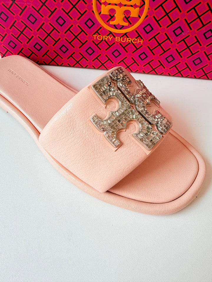 Tory Burch Double T Deco Rhinesone Sport Slides in Pink Goat Leather Size 8.5
