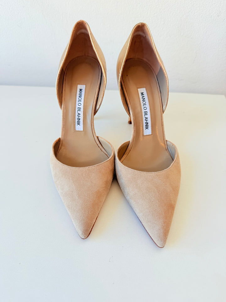 Manolo Blahnik Two Toned Tan Suede Gold Metallic D’Orsay Stilleto Pointed Toe Pumps Size 37