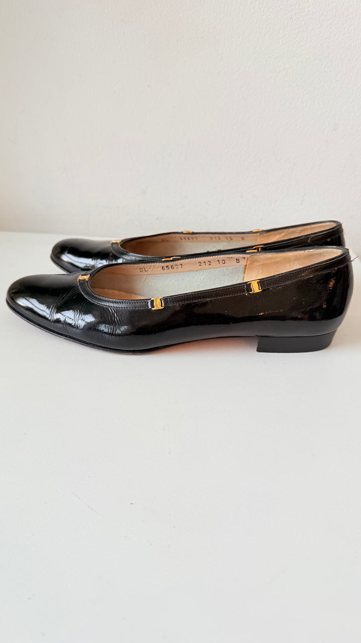 Salvatore Ferragamo Boutique Black Patent Leather Gold Detailed Ballet Flats Size 10 Women’s