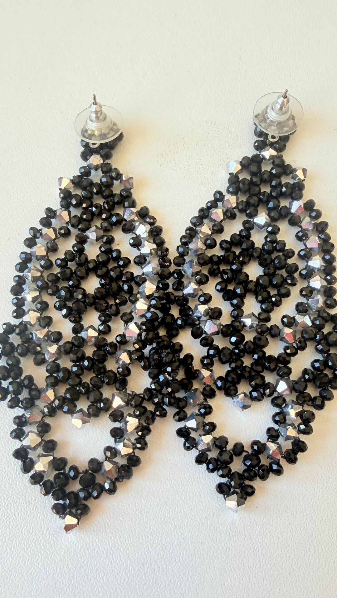Ornate Beaded Black & Mettalic Silver Chandelier Pierced Earrings