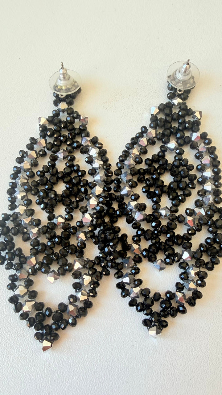 Ornate Beaded Black & Mettalic Silver Chandelier Pierced Earrings
