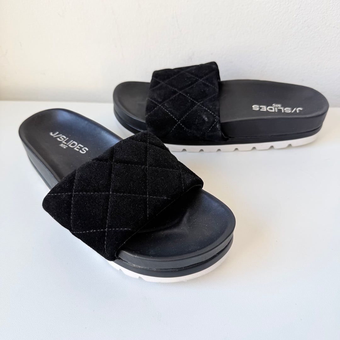 J/Slides NYC Rio Black Quilted Suede Slip On Platfork Sandals Size 6.5 New