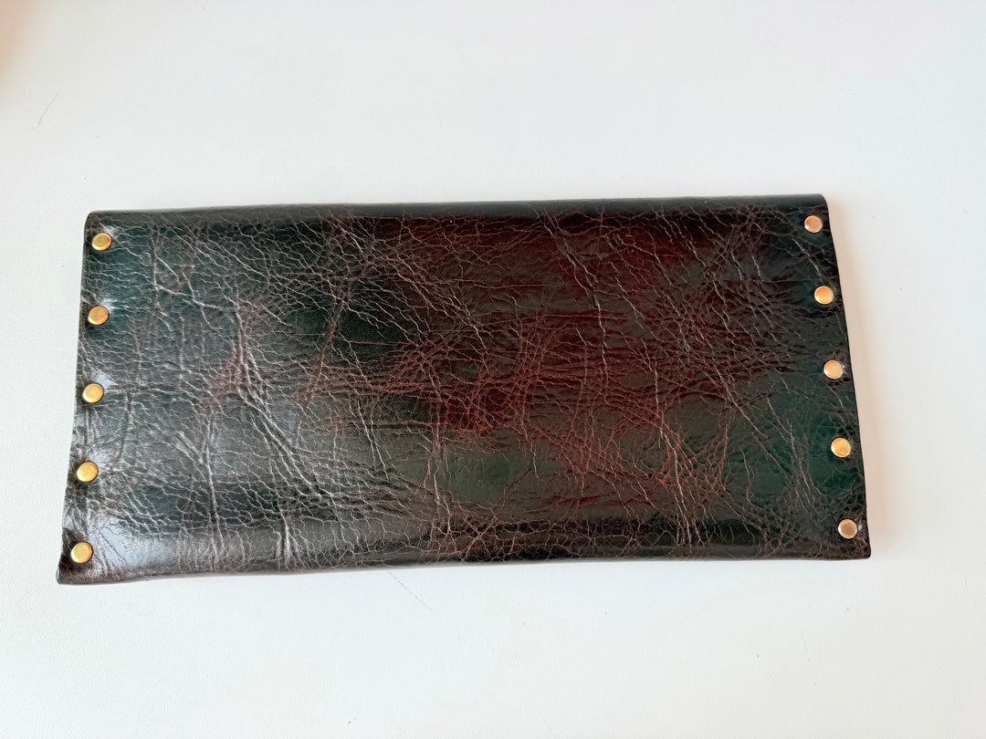 Moss Mills Dark Brown Textured Leather Clutch With Gold Chain Detail