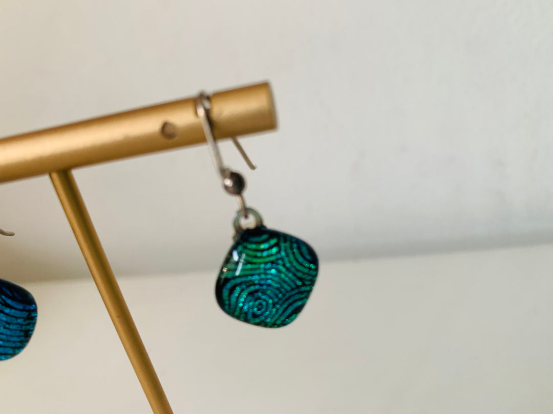 Blue and Green Handmade Glass Fishhook Pierced Earrings