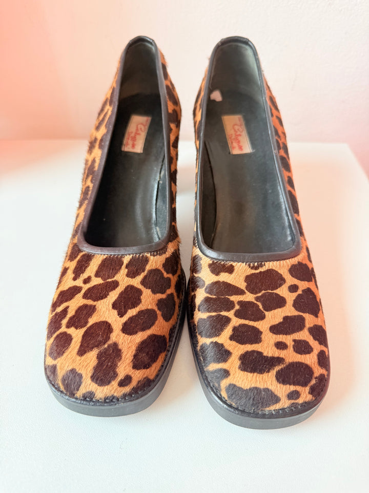 Vintage Calypso Calf Hair Leopard Print Block Heel Pumps Size 38