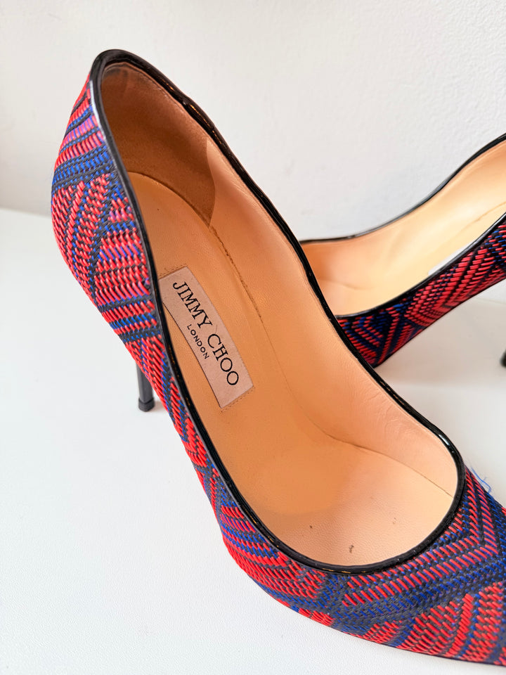 Jimmy Choo Abel Pointed Woven Fabric Red/Blue Pumps Size 39.5
