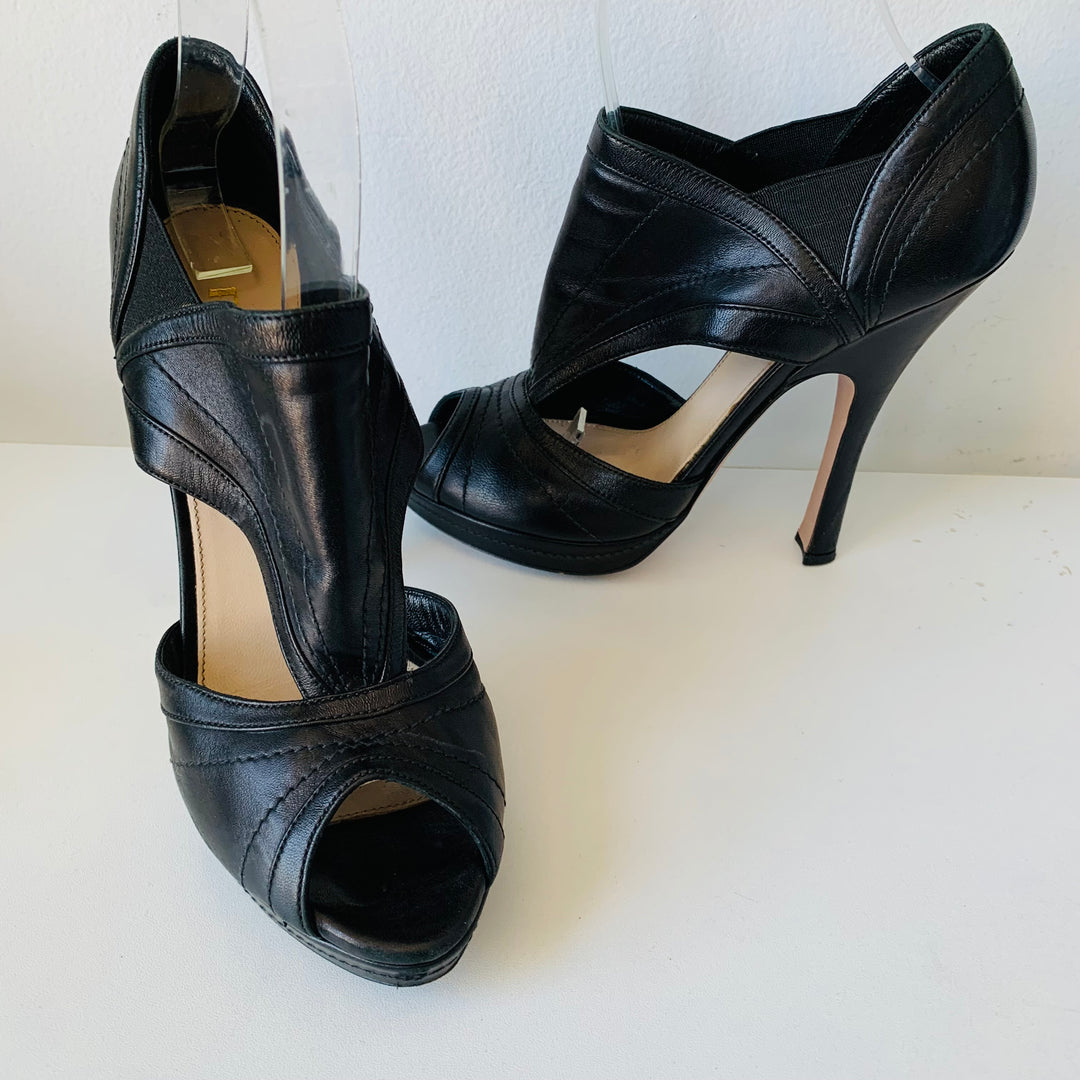 Prada Black Leather Peep Toe Platform Cut Out Heels Size 37.5 Authentic