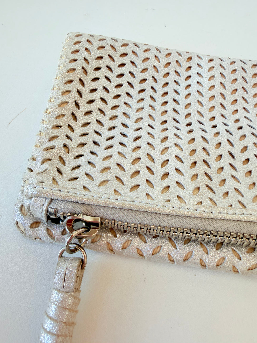 B-Low The Belt Silver Mettalic Leather Perforated Fold Over Clutch