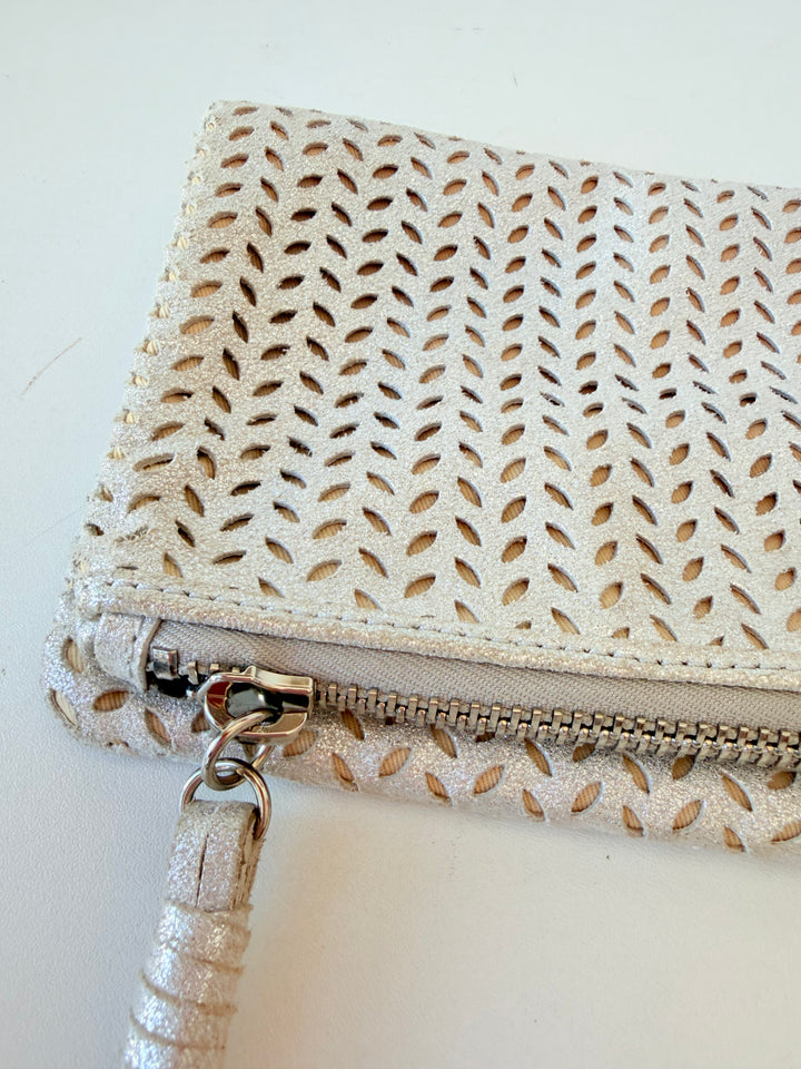 B-Low The Belt Silver Mettalic Leather Perforated Fold Over Clutch