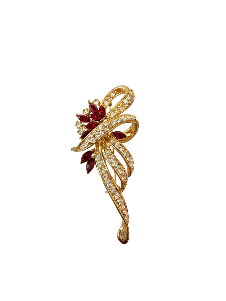 Vintage Gold Tone Rhinestone Red & Clear Brooch