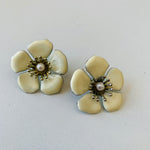 Cream Enamel Flower Pearl Pierced Earrings