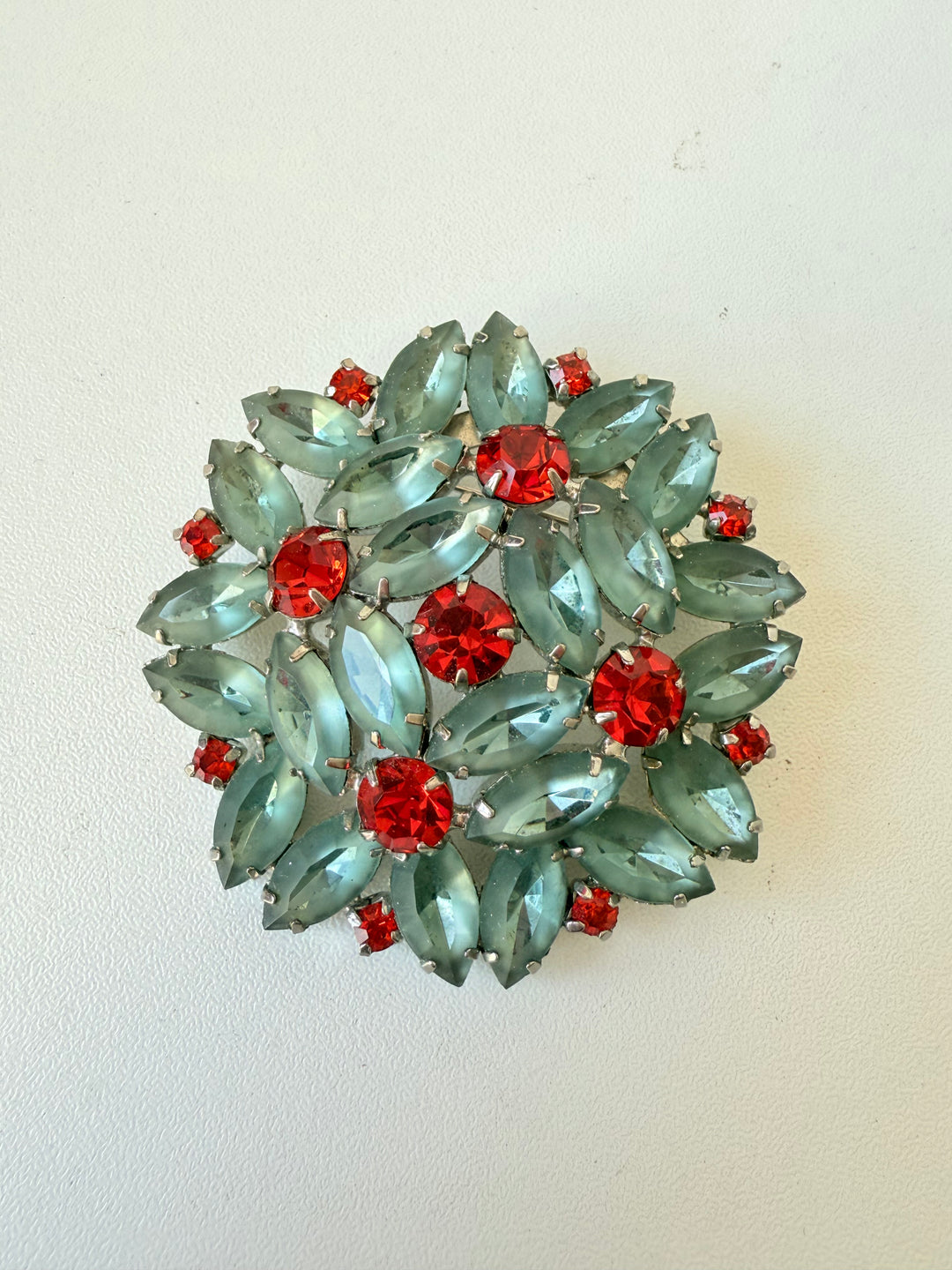 Vintage Rhinestone Brooch In Aqua Blue & Red