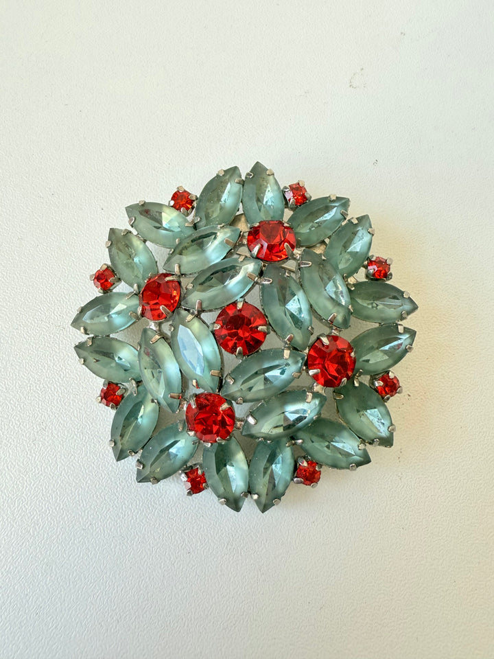 Vintage Rhinestone Brooch In Aqua Blue & Red