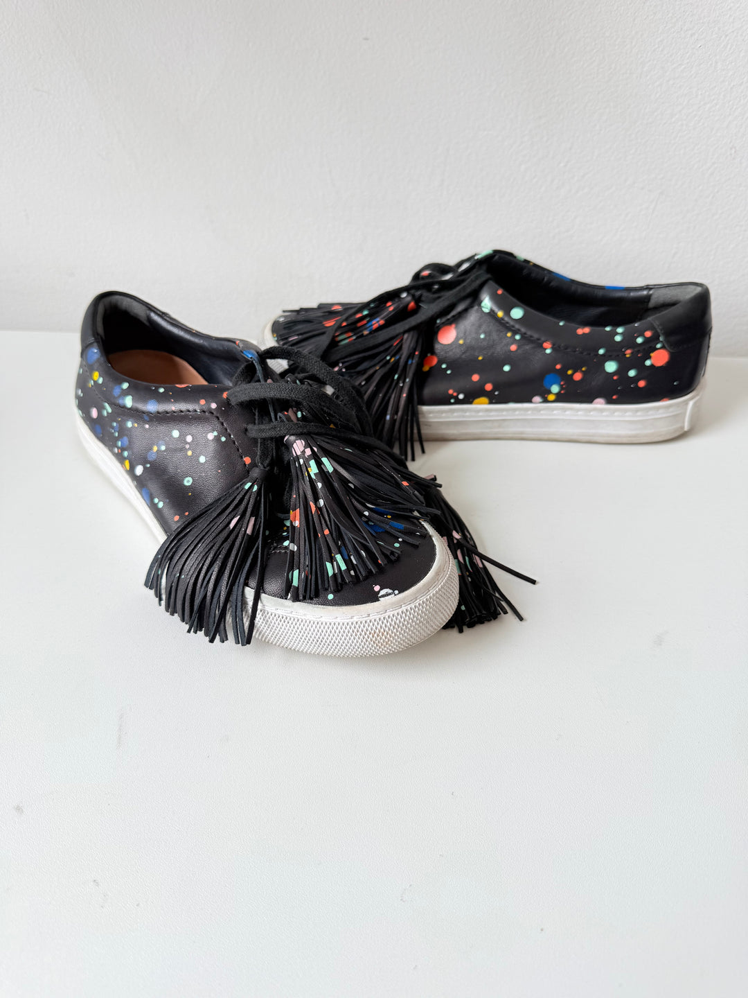 Loeffler Randall Logan Splatter Print Tasseled Leather Sneakers Size 7.5 Women’s