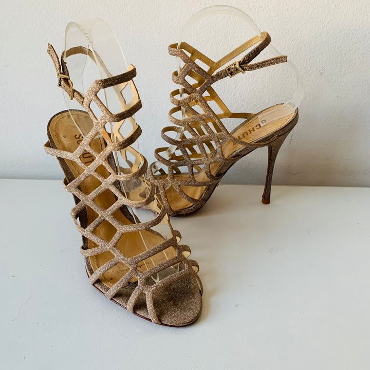 Schutz Juliana Heel Tanino Caged Sparkle Sandals Size 7.5 (Fit like a 6)