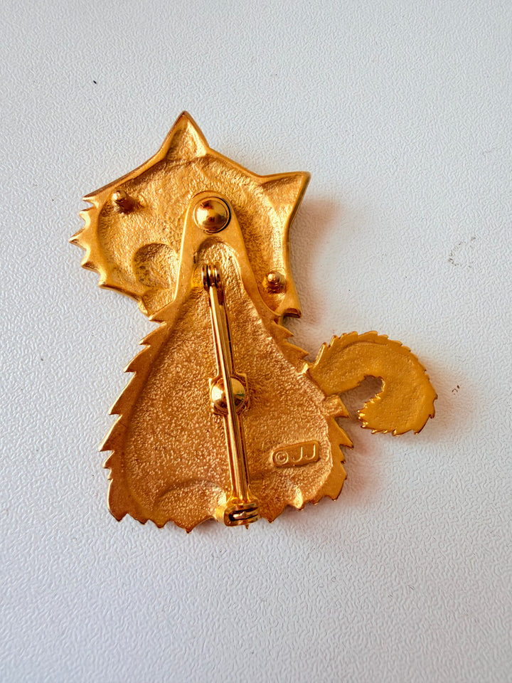 Vintage Jonette Jewelry JJ Articulated Cat Brooch In Gold Tone