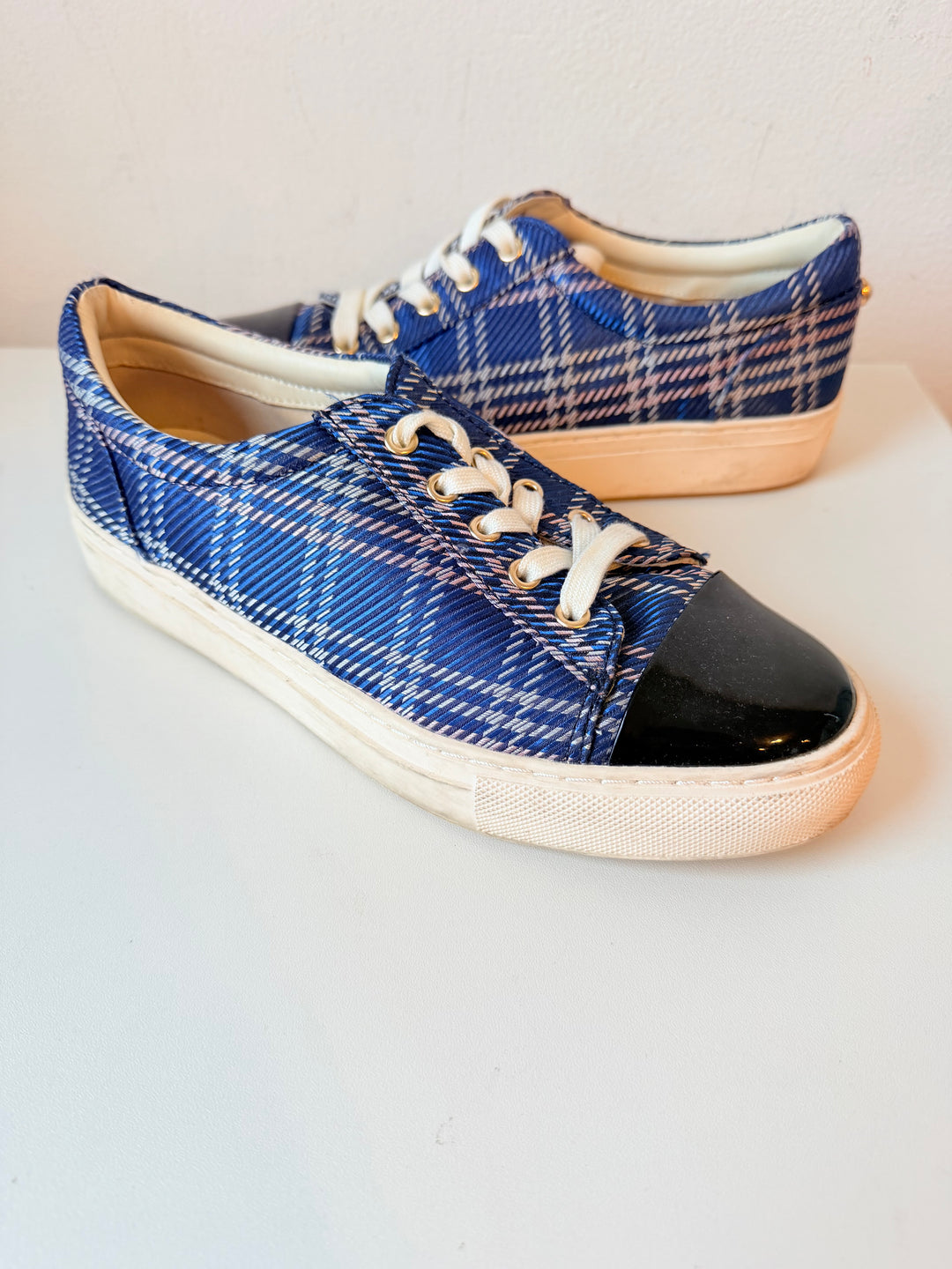 1901 Blue Plaid & Black Patent Sneakers Size 6.5