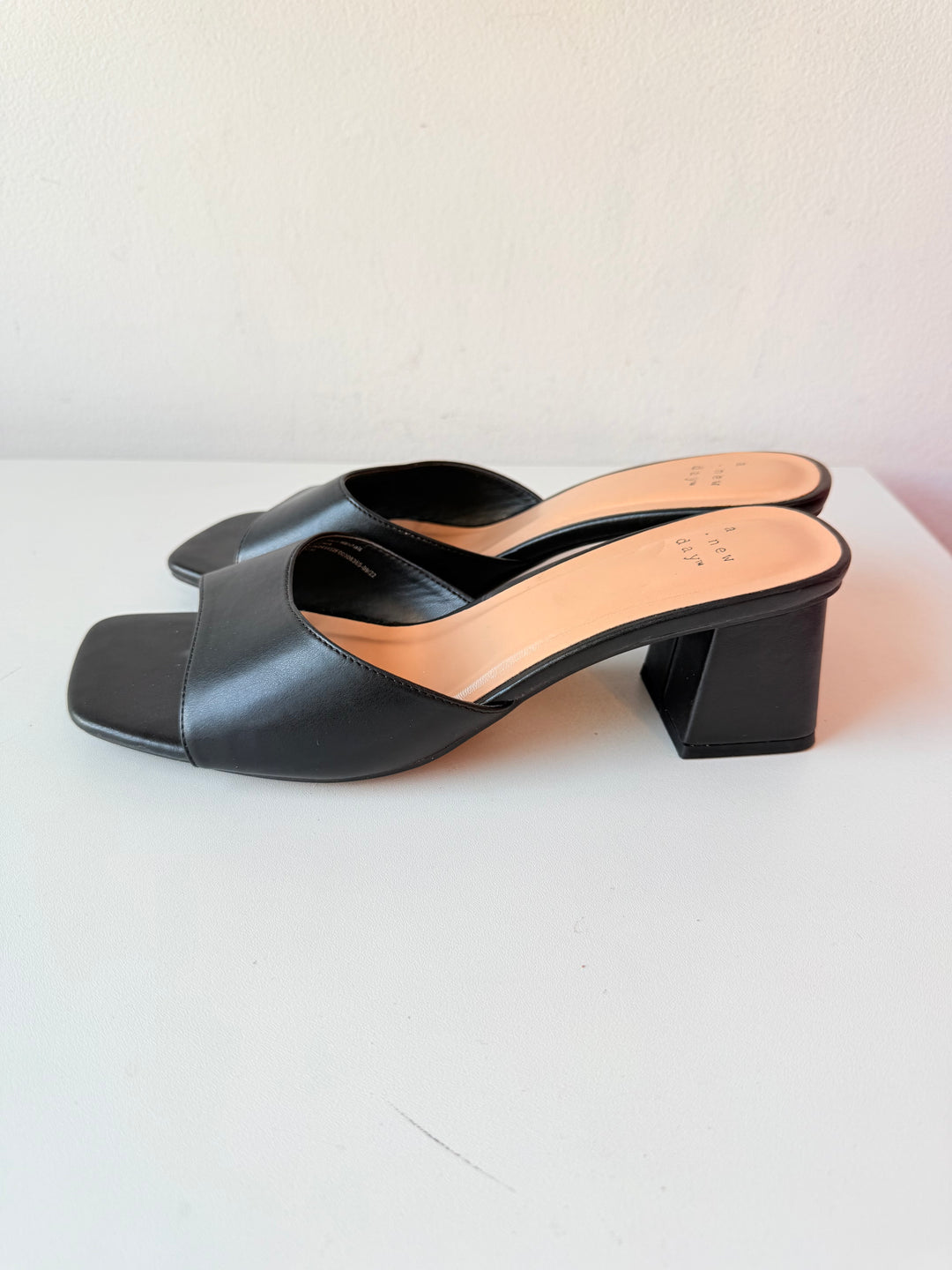 A New Day Black Slip On Block Heeled Sandals Size 9