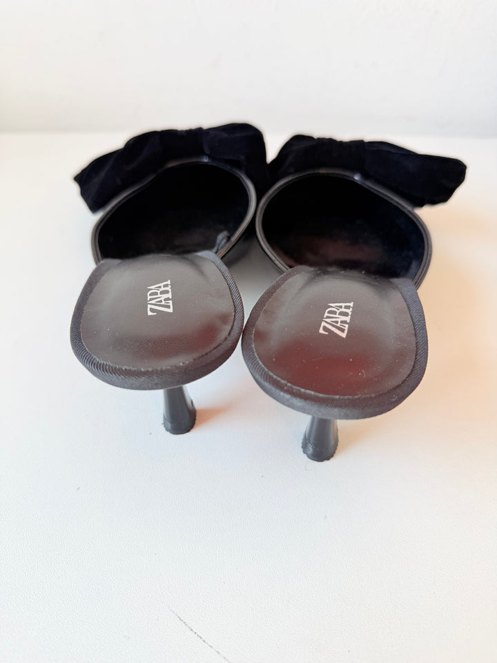Zara Black Patent Bow Mule Heeled Kitten Heels Size 38 New