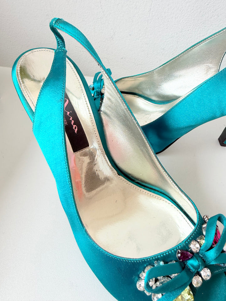 Nina Teal Blue Milika Satin Crystal Embellished Peep Toe Heeled Slingbacks Size 8