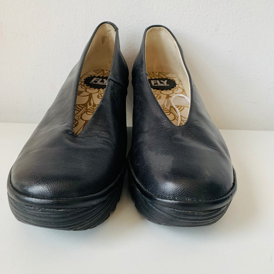 Fly London Womens Yoza Black Leather Wedge Heels Size 39