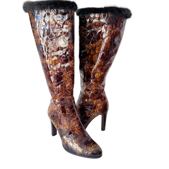 Angela Falconi Faux Patent Croc Knee Boots Size 38