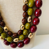 Three Layer Cranberry/Green Beaded Statement Necklace