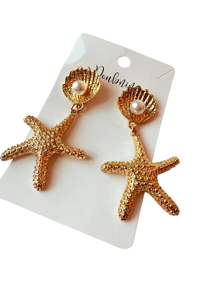 Doubnine Starfish Pearl Shell Gold Tone Pierced Earrings
