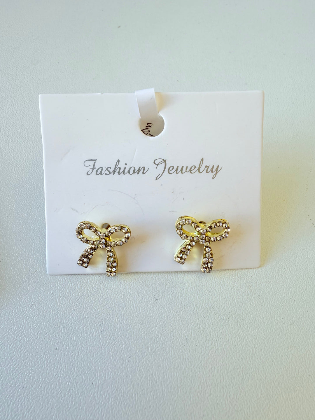 Fashion Jewelry Gold Tone Ribbon Rhinestone Pierced Earrings