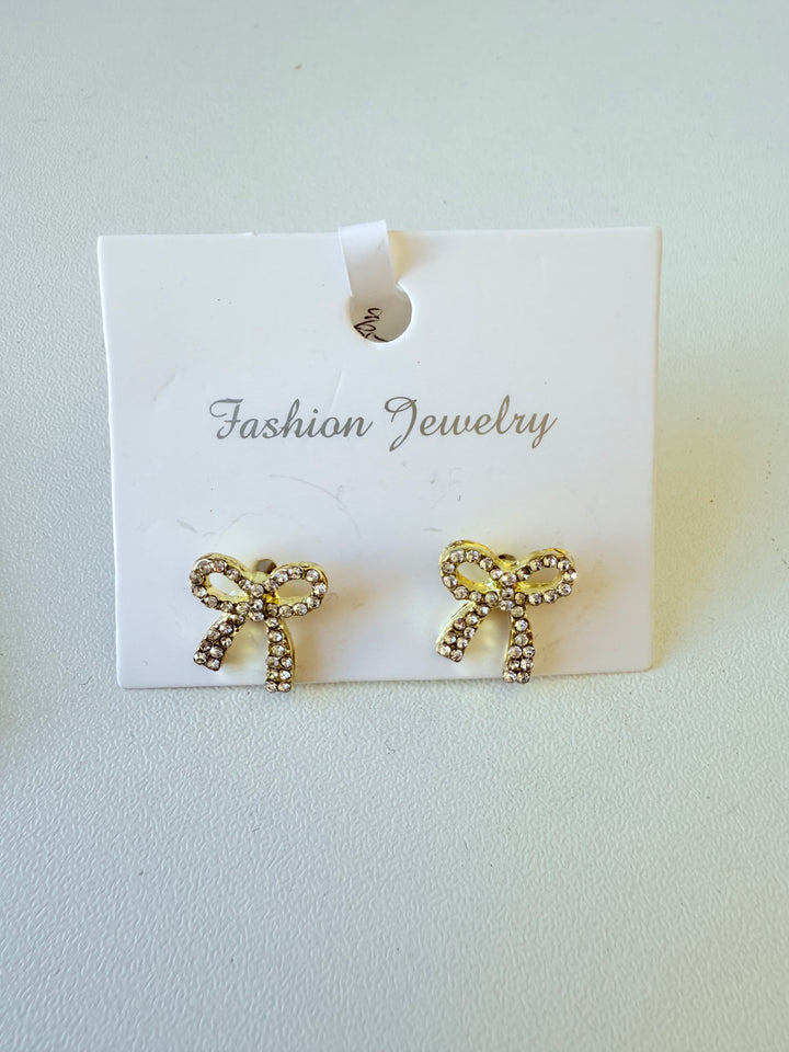 Fashion Jewelry Gold Tone Ribbon Rhinestone Pierced Earrings