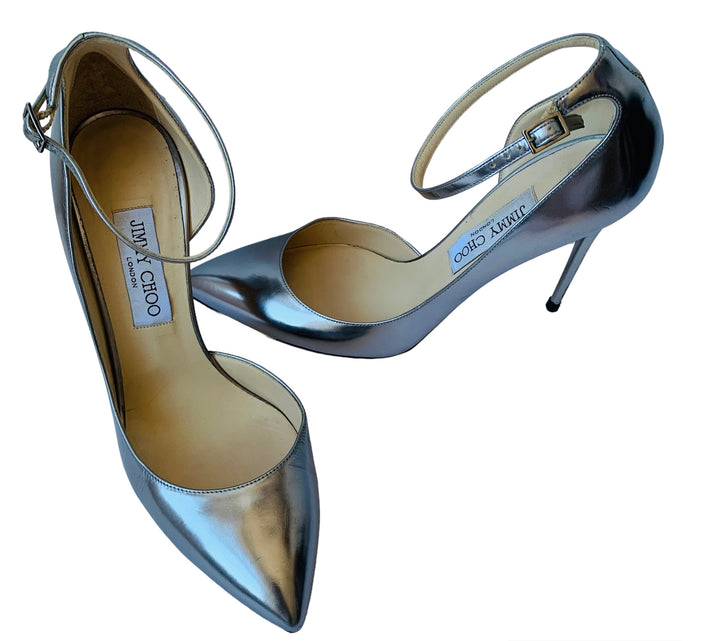 Jimmy Choo Lucy 100 Women’s Silver Metallic Leather D’Orsay Pointy Toe Ankle Strap Pumps Size 40